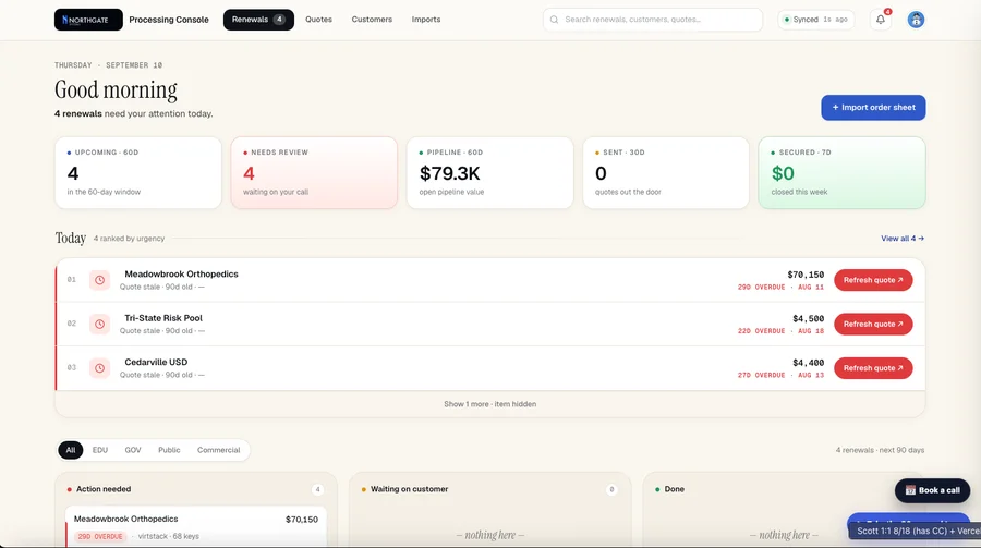 Renewals Console showing subscription metrics and upcoming renewals