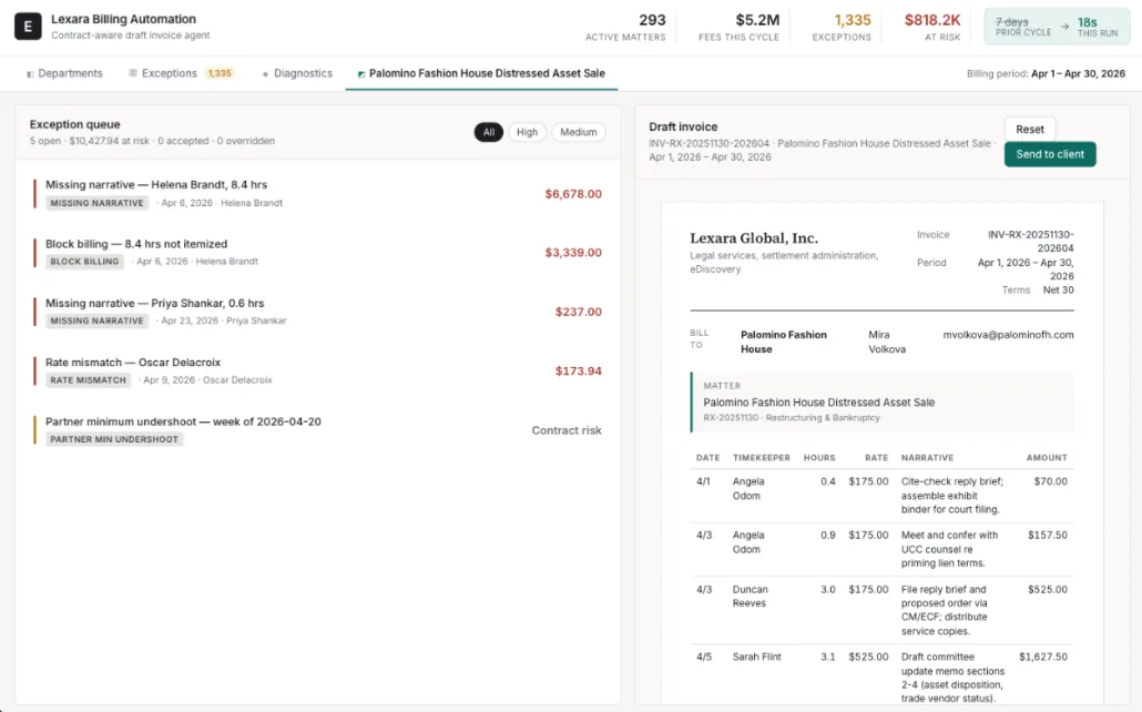 Lexara Billing Automation — exception queue and draft invoice