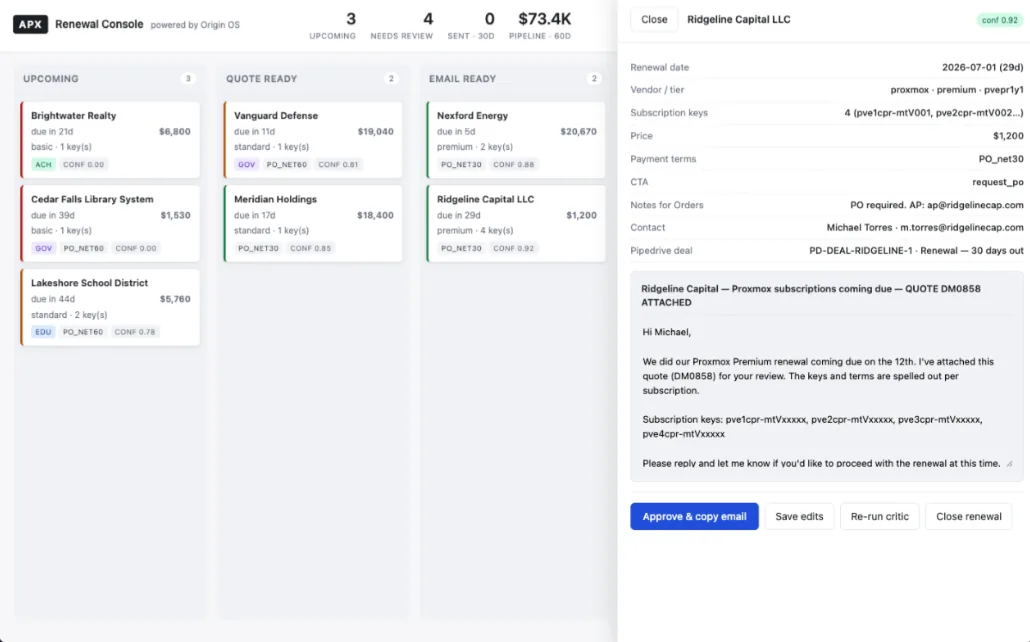 Renewal Console — drafted and scored renewals